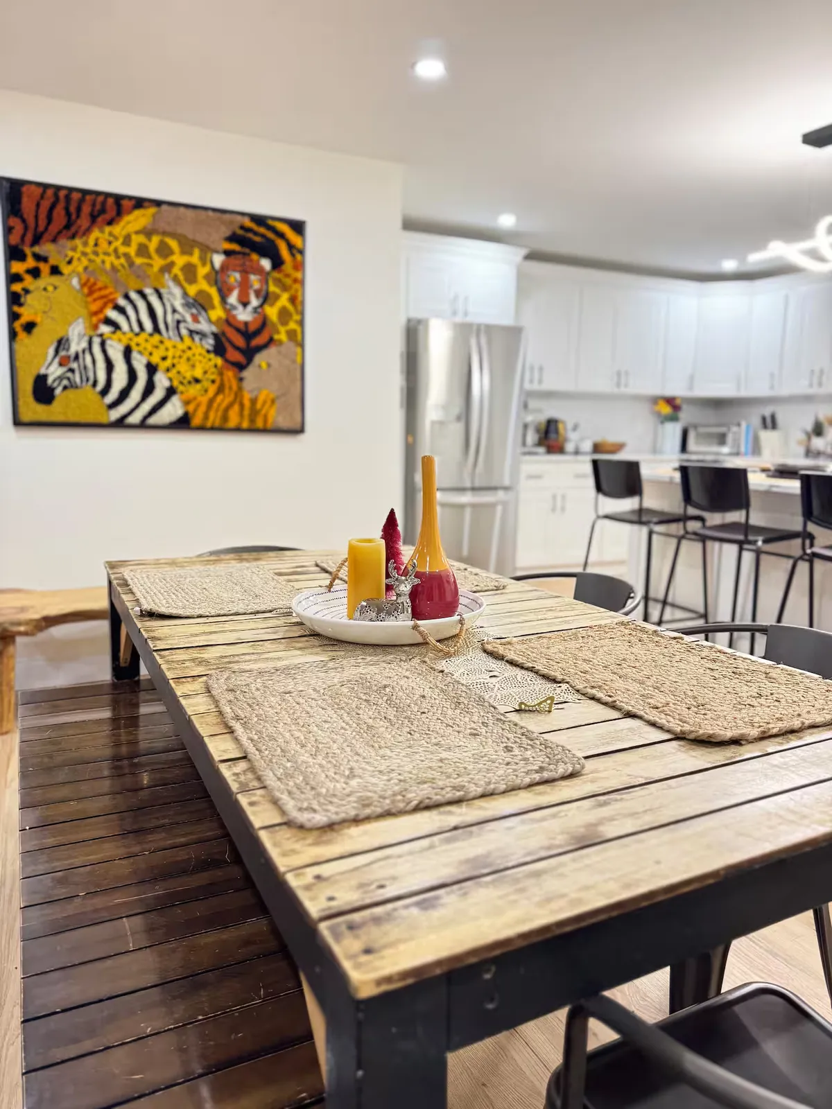 Dining table set for dinner