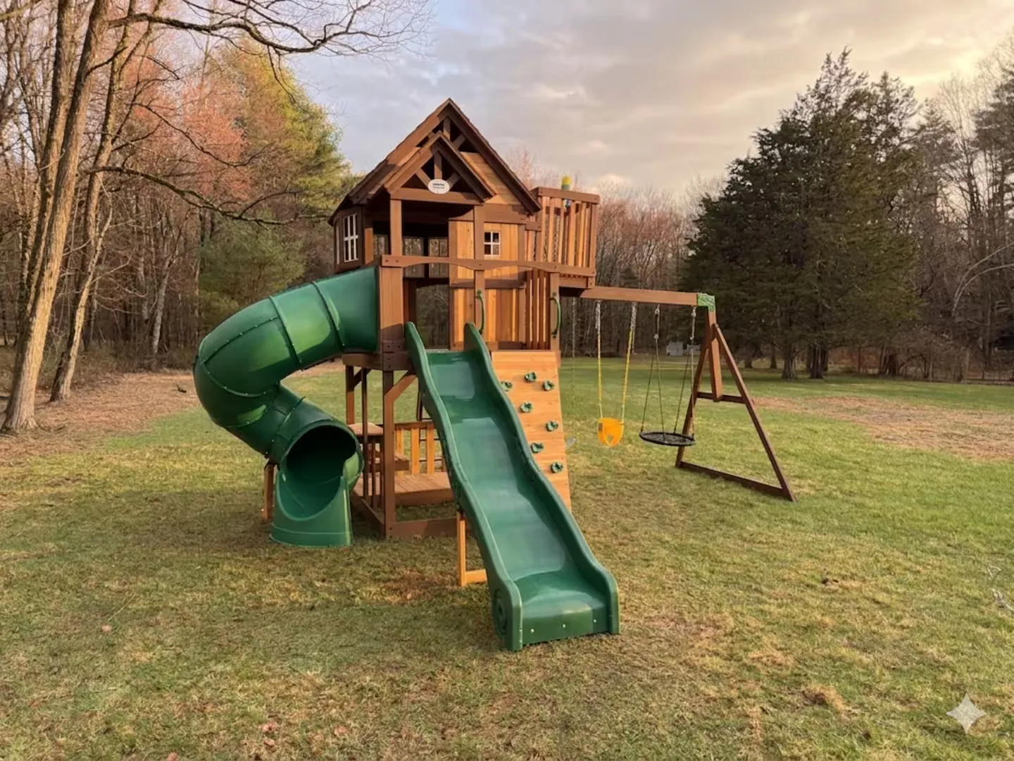 Outdoor playground with slides and swings at sunset